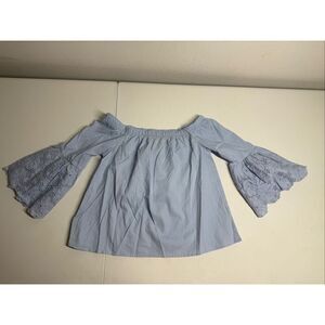 NWT No Comment Girls Cotton Sky Blue Open Shoulder Blouse Eyelet Trim Sz XL 16